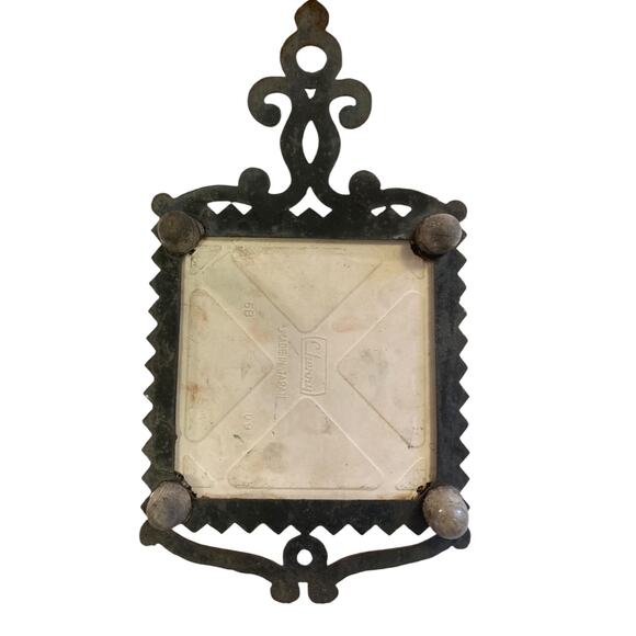 Vintage 70s White Tile Black Cast Iron Yellow Orange Mushrooms Wall Art Trivet - Picture 7 of 16